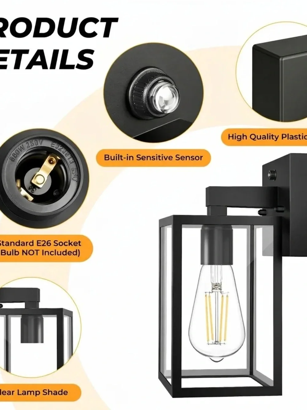 Outdoor Black Wall Lantern with Motion Sensor - Modern Farmhouse Light